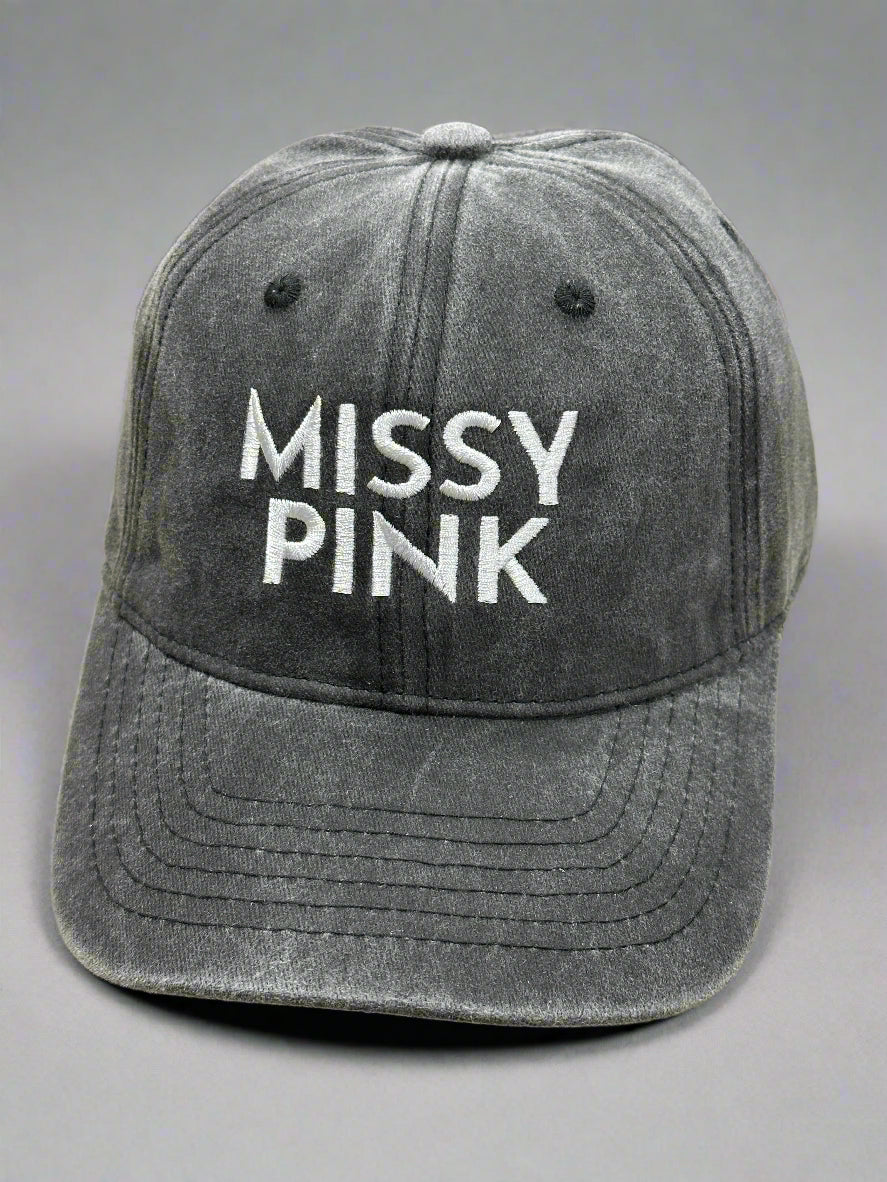 Gray cap with 'MISSY PINK' text on a gray background