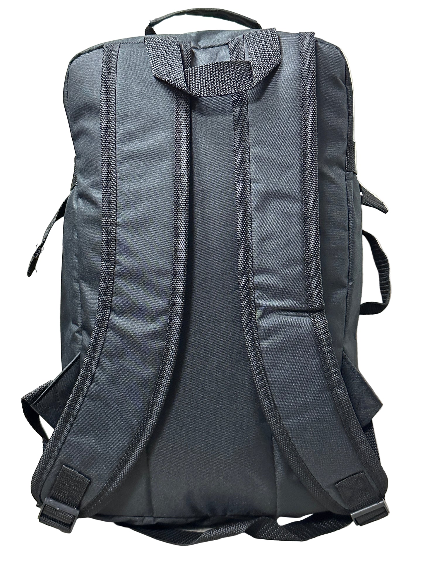 Black backpack on a light-colored surface