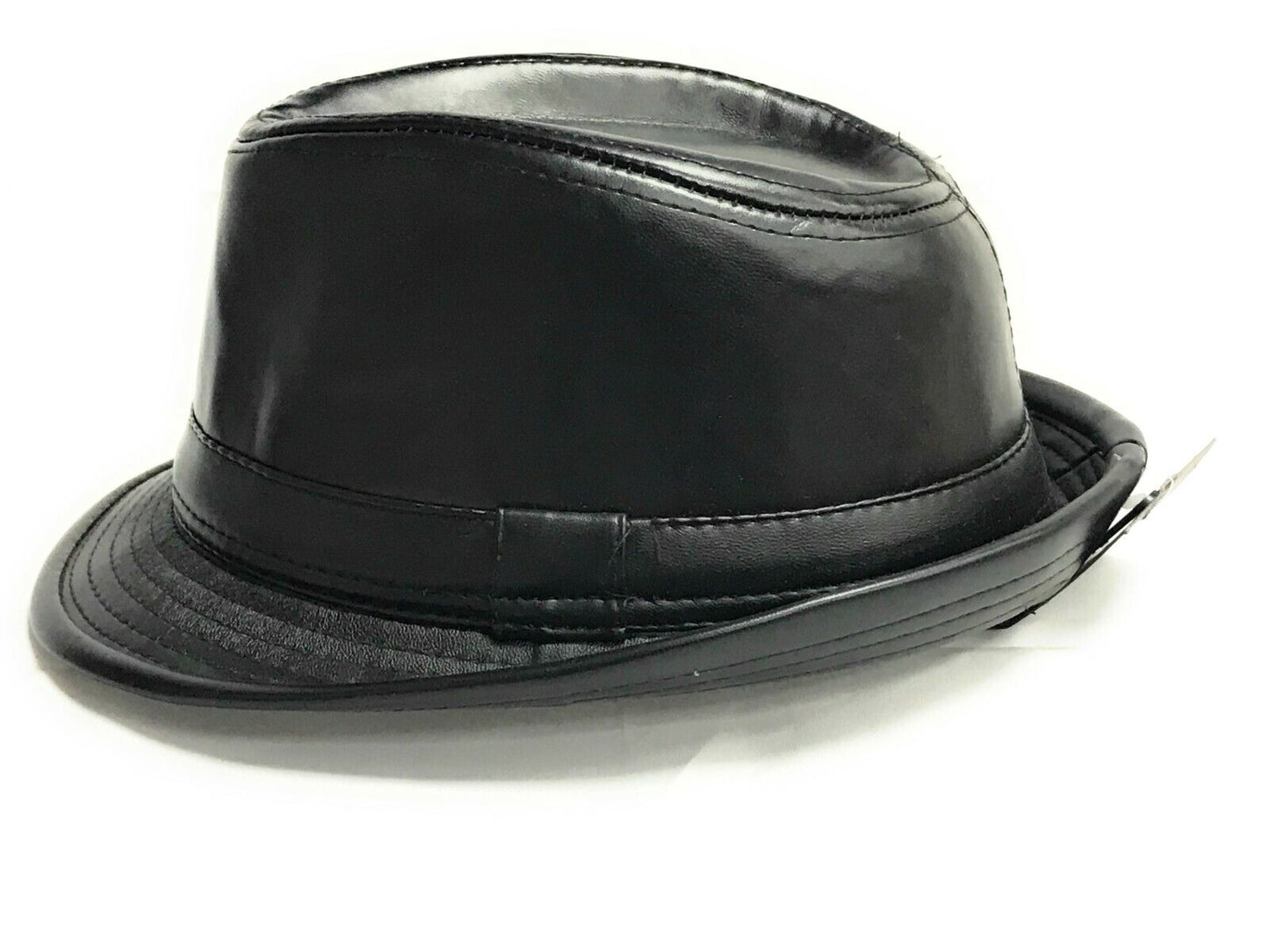 Schwarzer Fedora-Trilby-Hut aus Kunstleder im Retro-Stil mit gebogener Krempe, Unisex