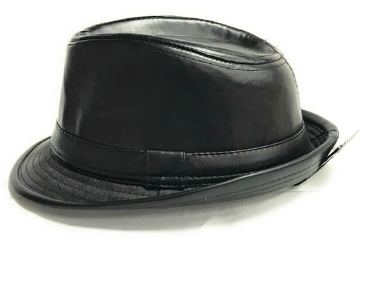 Black Unisex Faux Leather Retro Style Curved Brim Fedora Trilby Hat