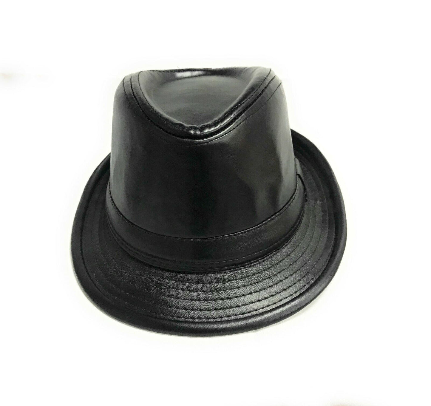 Schwarzer Fedora-Trilby-Hut aus Kunstleder im Retro-Stil mit gebogener Krempe, Unisex