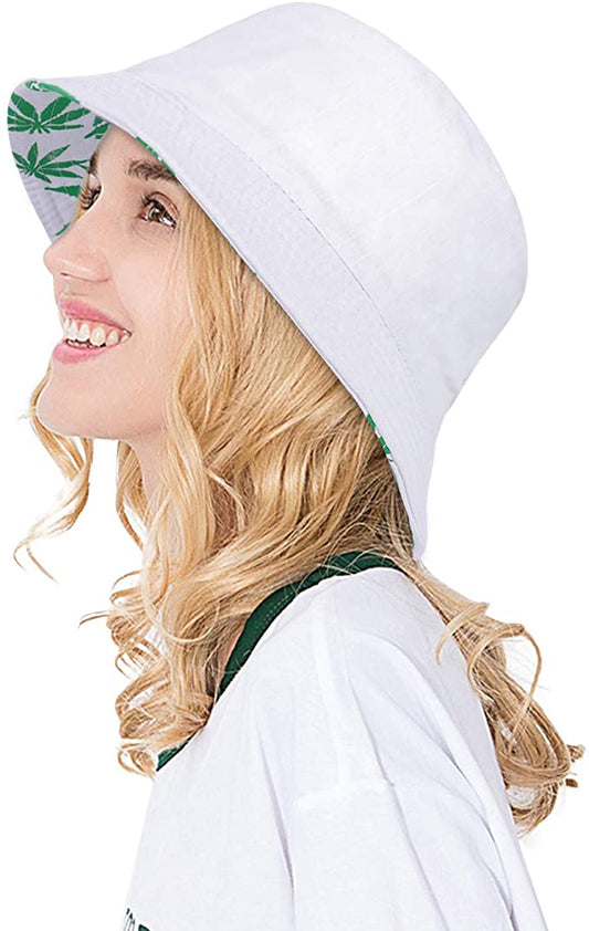 Unisex White Weed Leaf Design Bucket Hat