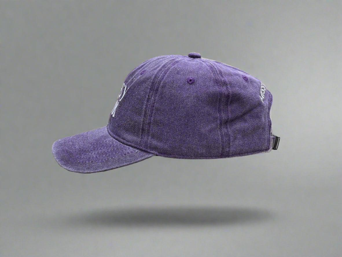 Purple Missy Pink baseball cap on a clear stand with a cluttered background