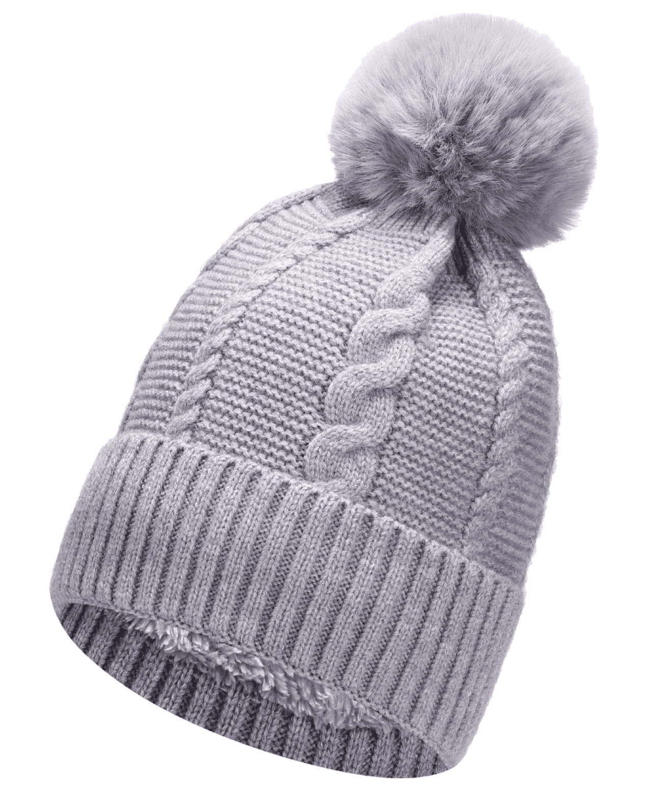 Cable Knit Fleeced Faux Fur Pom Pom Bobble Grey Hat