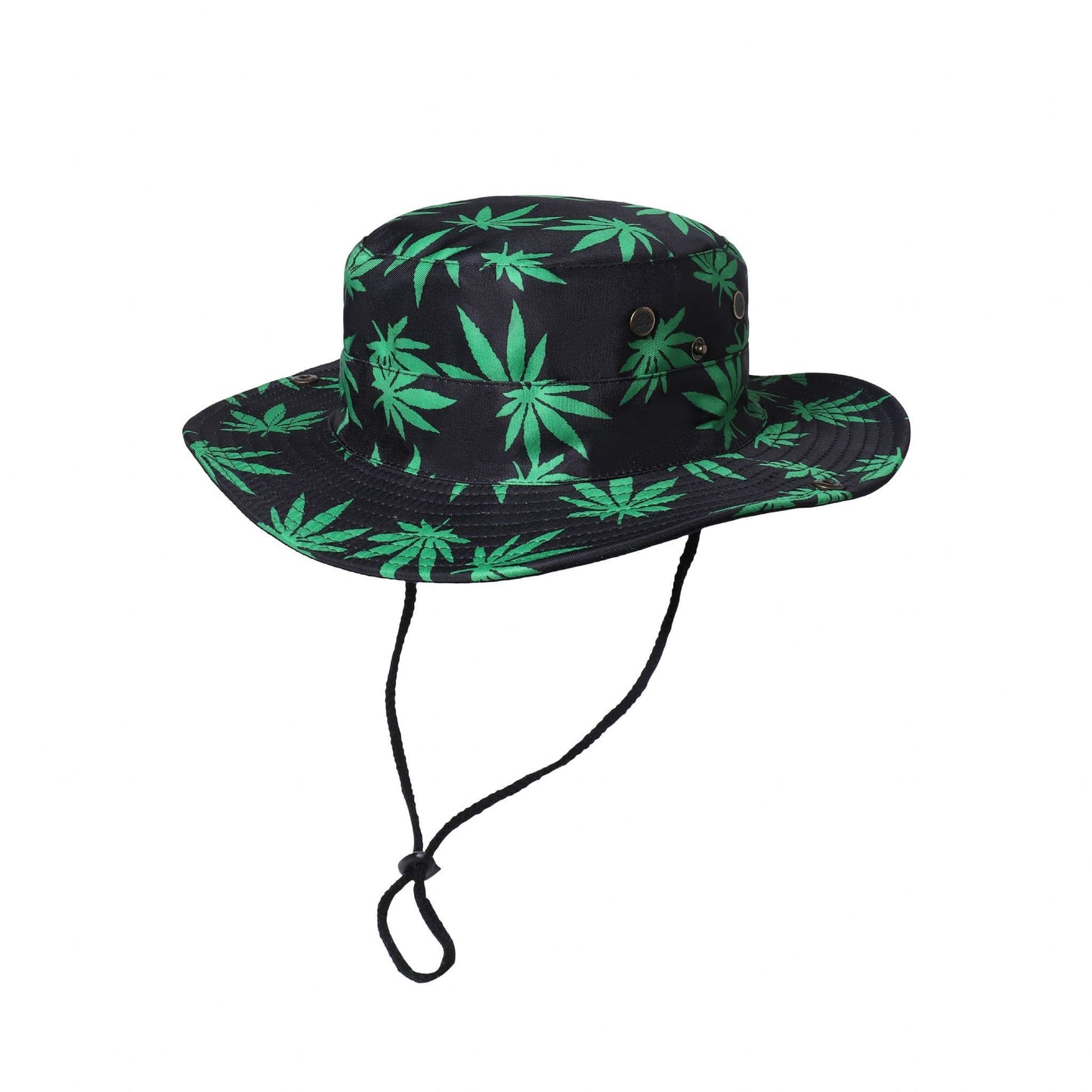 Green Weed Leaf design Black Safari Boonie Hat with Drawstring