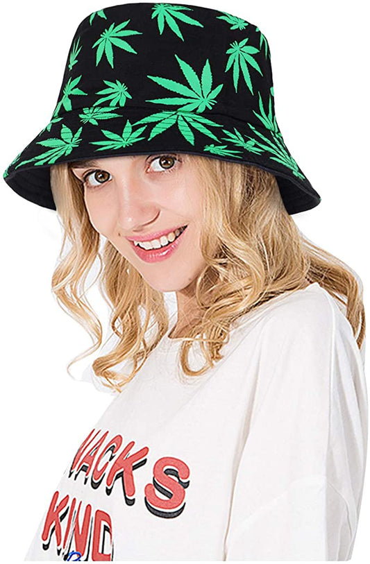 Unisex Black Weed Leaf Design Bucket Hat