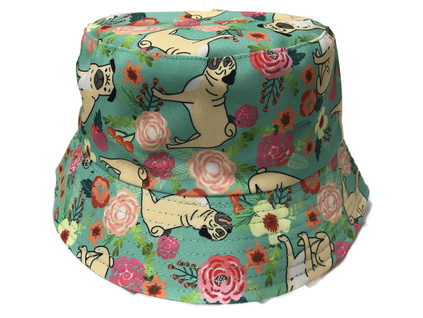 Green Pug Flowers Design Bucket Hat