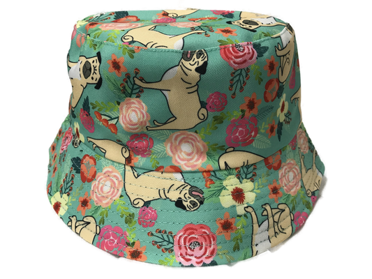 Green Pug Flowers Design Bucket Hat